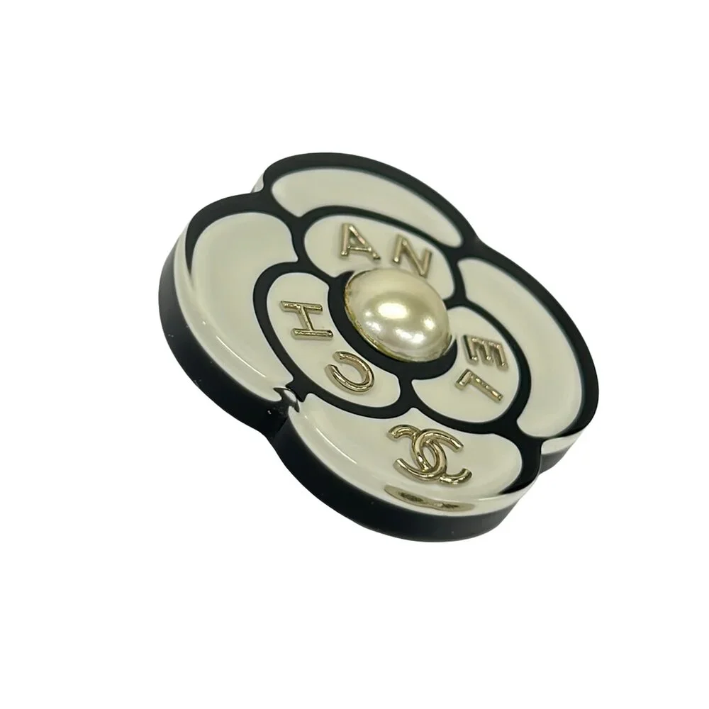 Chanel Brooch White Black Silver Plastic Faux Pearl Hardware